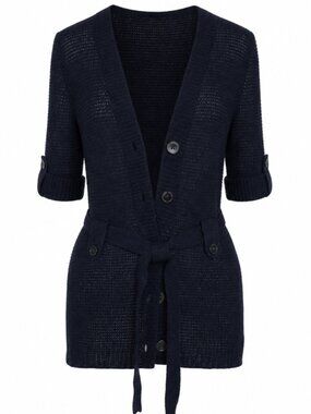 Charter Club Navy Knit Cardigan Big Buttons Tie Belt Pockets